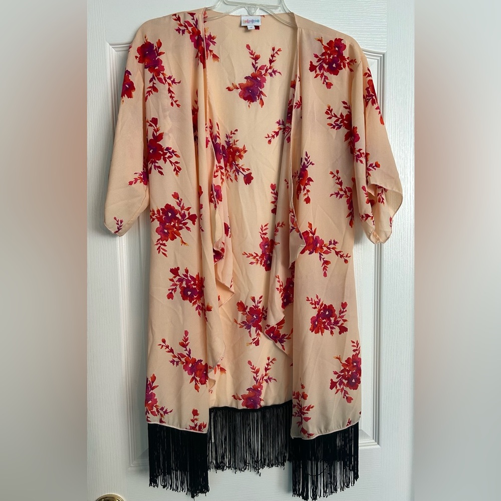 LuLaRoe Fringe-Trimmed Cream and Red Floral Kimono